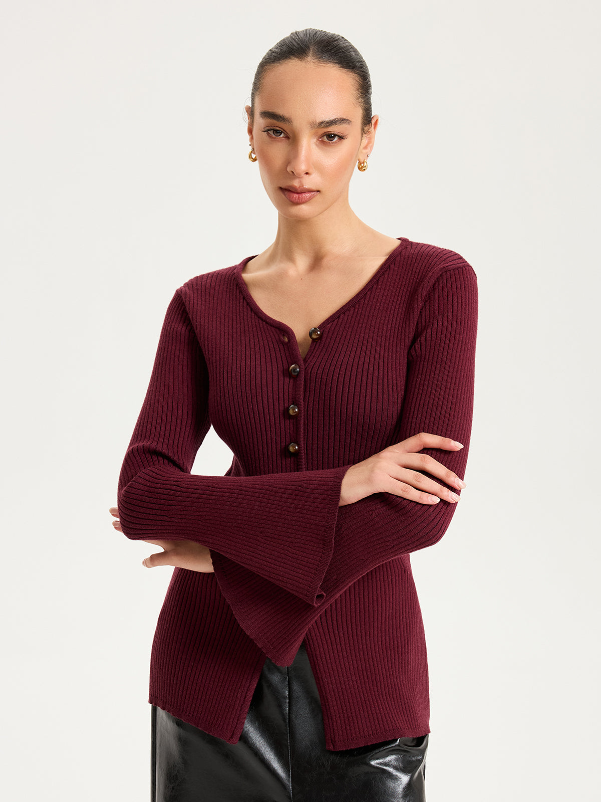 Button-Front Ribbed Knit Top-Chicvia