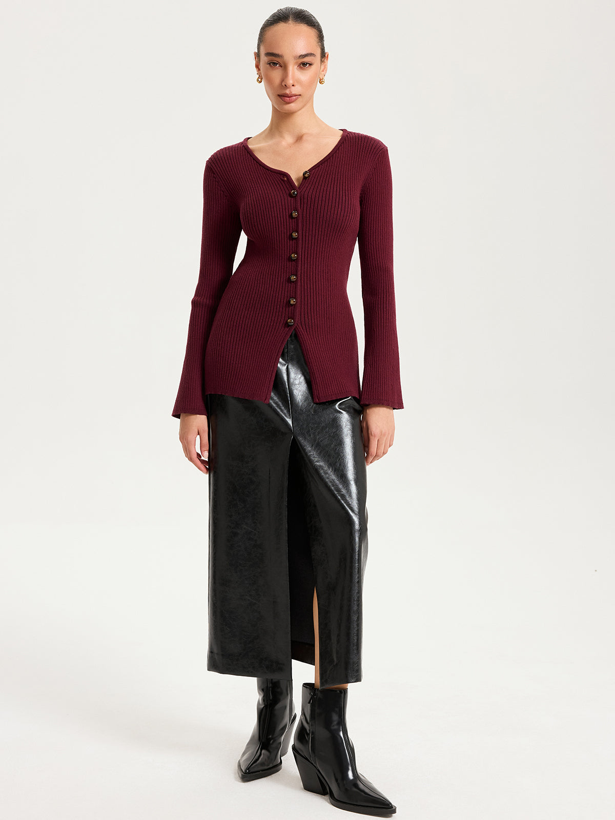 Button-Front Ribbed Knit Top-Chicvia