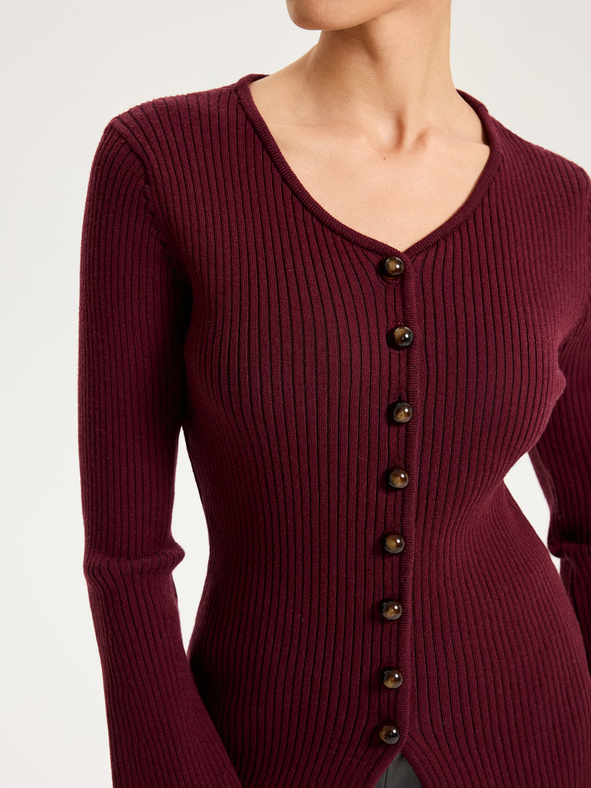 Button-Front Ribbed Knit Top-Chicvia