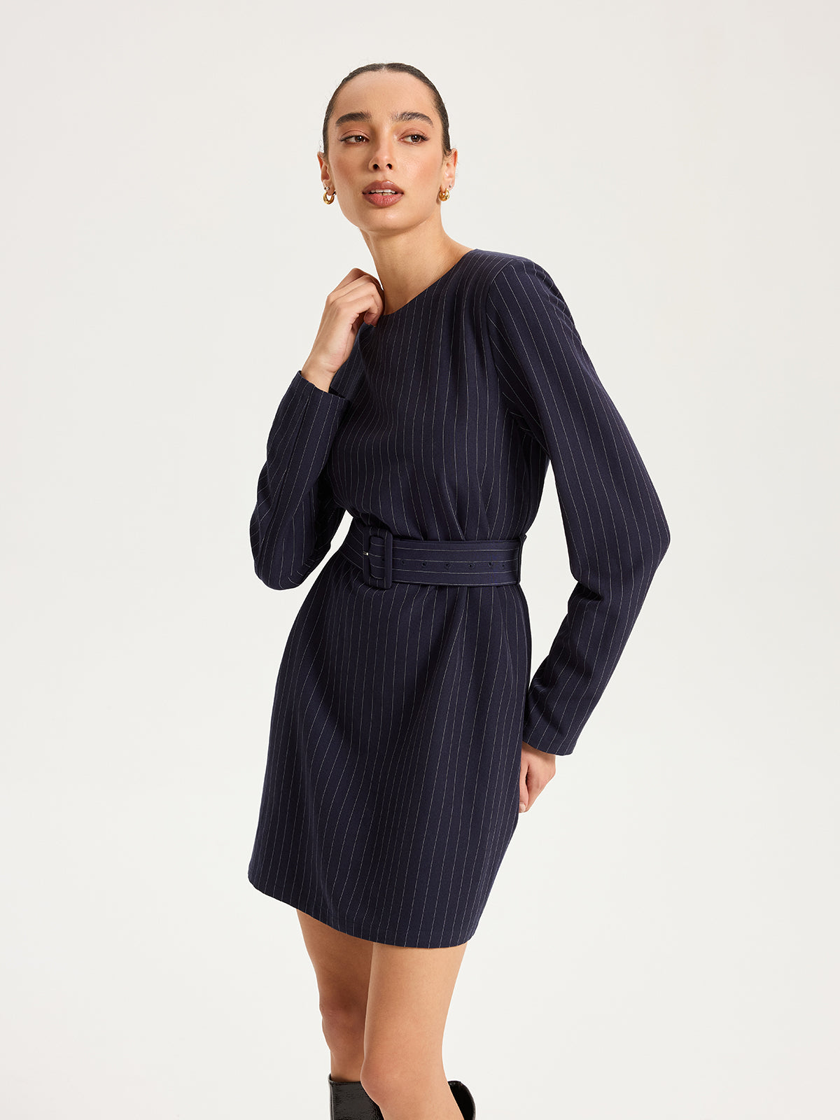 Long Sleeve Pinstripe Belted Mini Dress-Chicvia