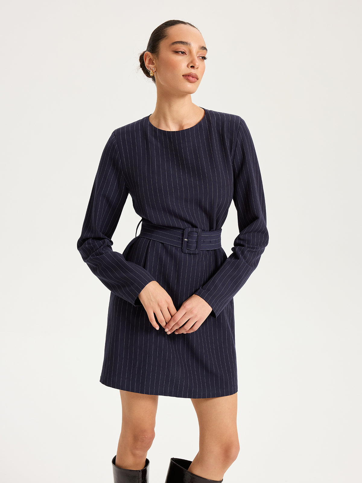 Long Sleeve Pinstripe Belted Mini Dress-Chicvia
