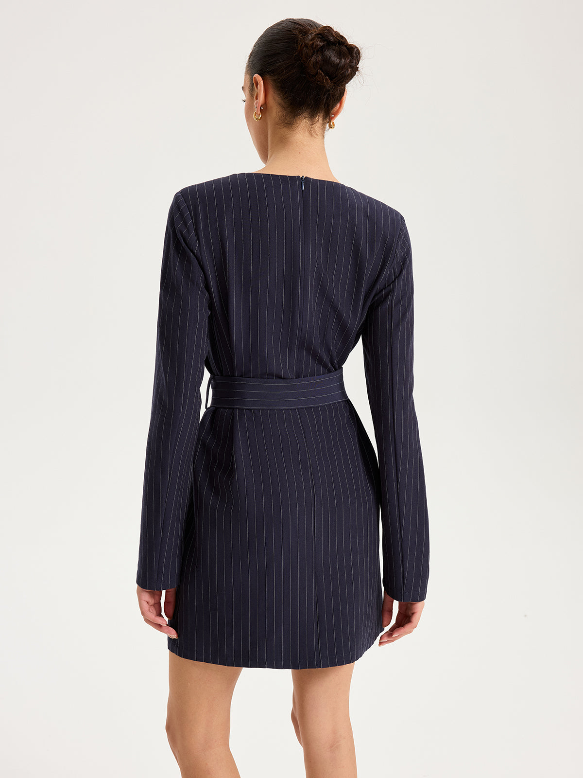 Long Sleeve Pinstripe Belted Mini Dress-Chicvia