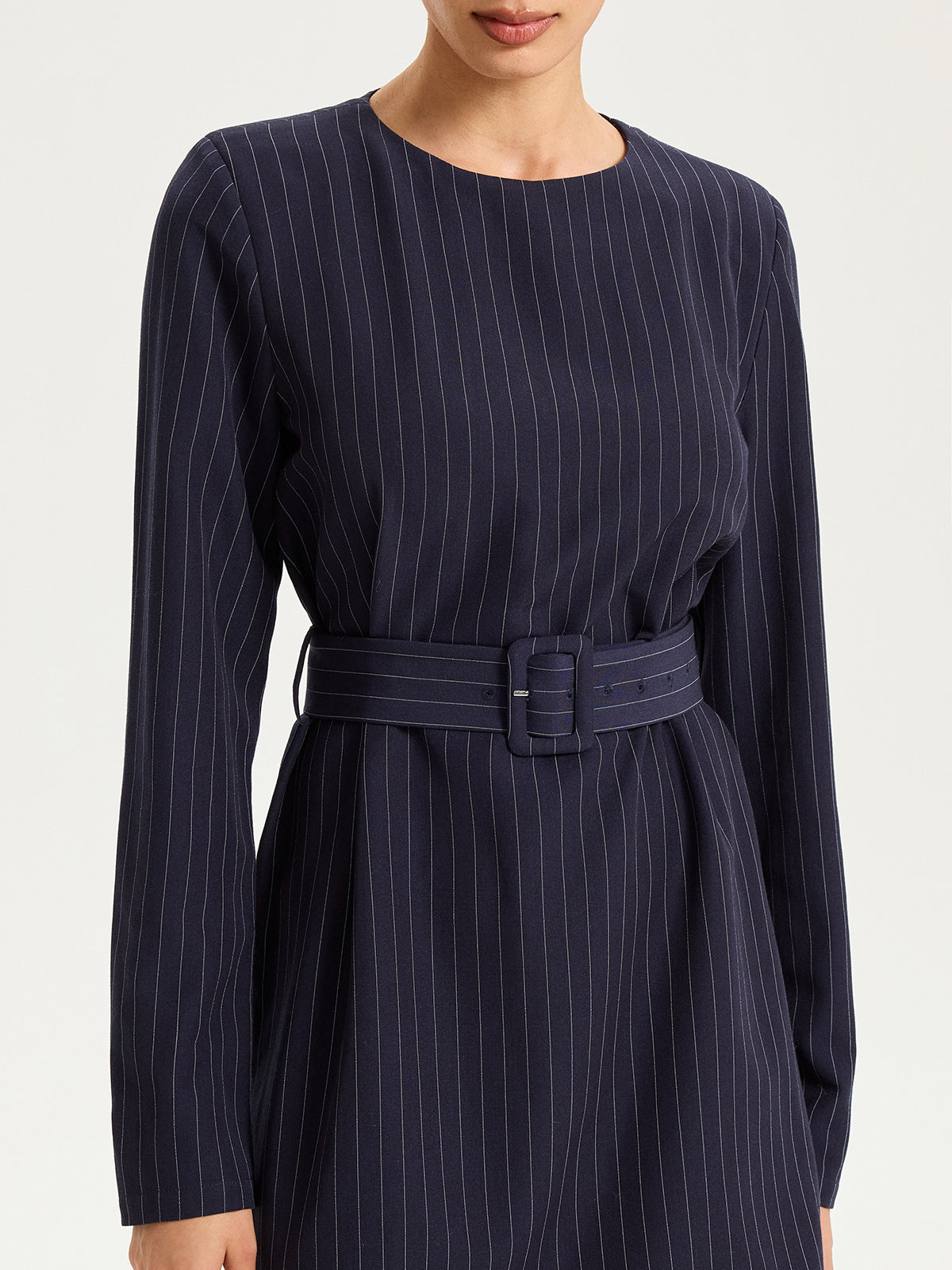 Long Sleeve Pinstripe Belted Mini Dress-Chicvia