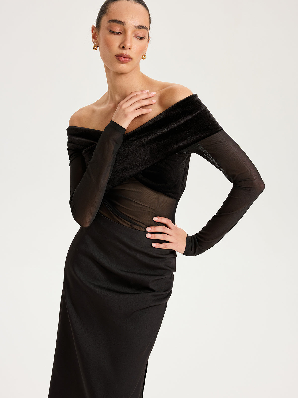 Mesh Paneled Velvet Off-Shoulder Long Sleeve Top-Chicvia