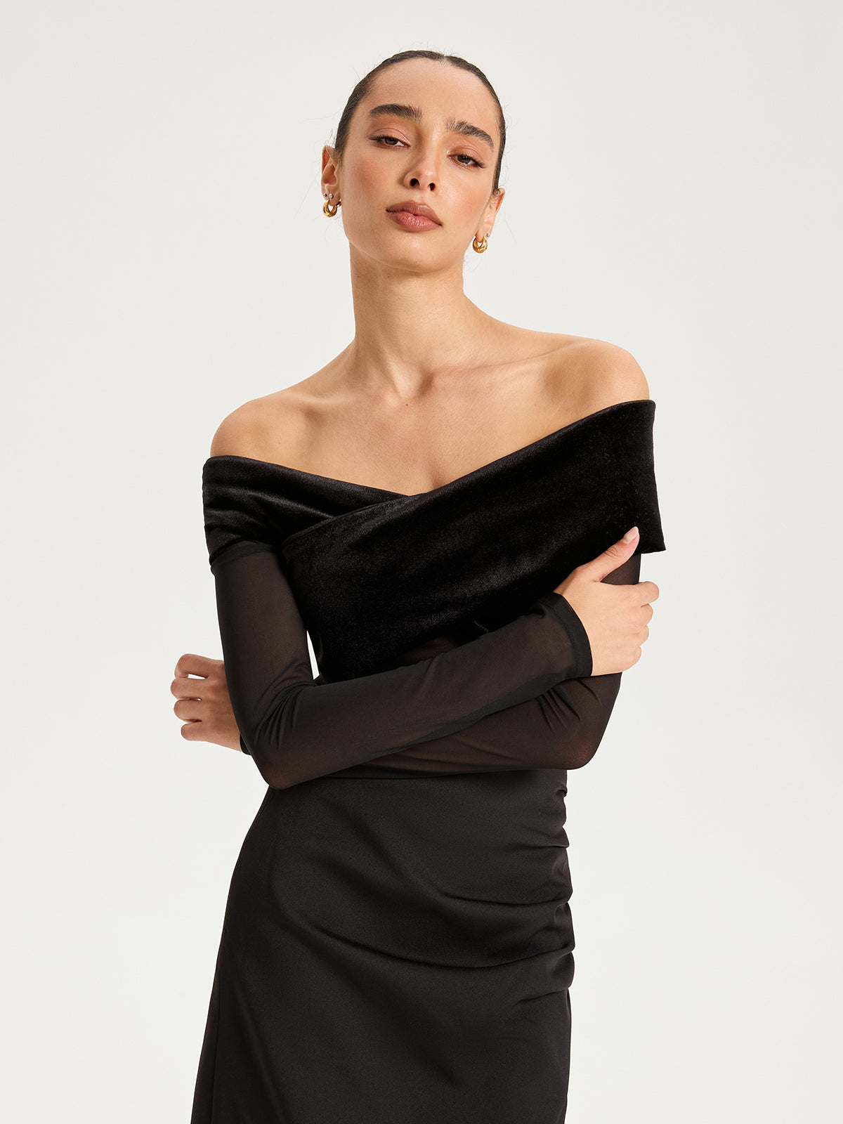 Mesh Paneled Velvet Off-Shoulder Long Sleeve Top-Chicvia