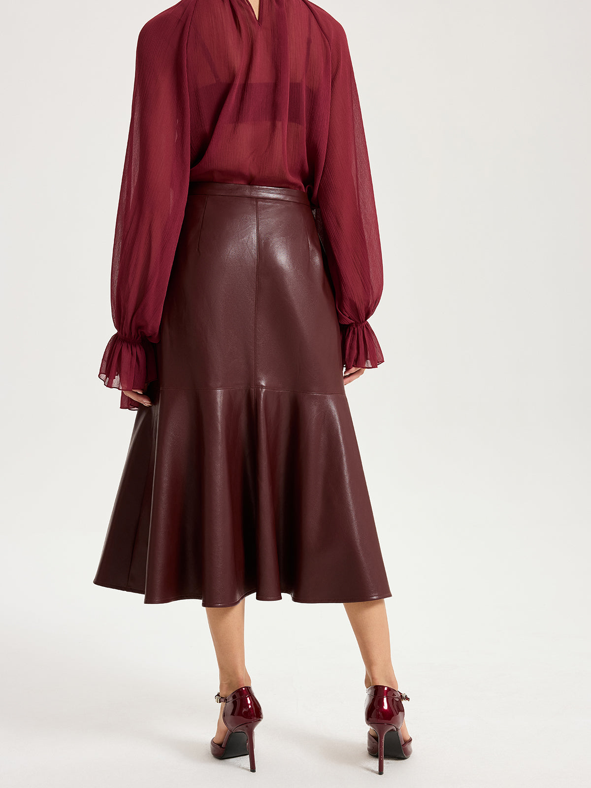 Faux Leather Effect Midi Skirt-Chicvia