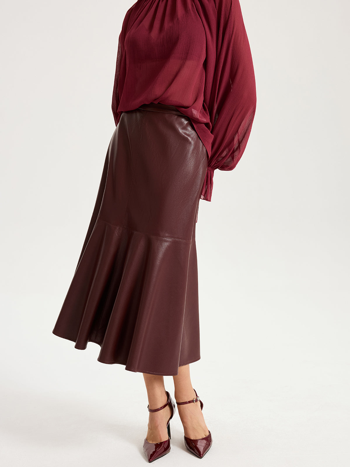 Faux Leather Effect Midi Skirt-Chicvia