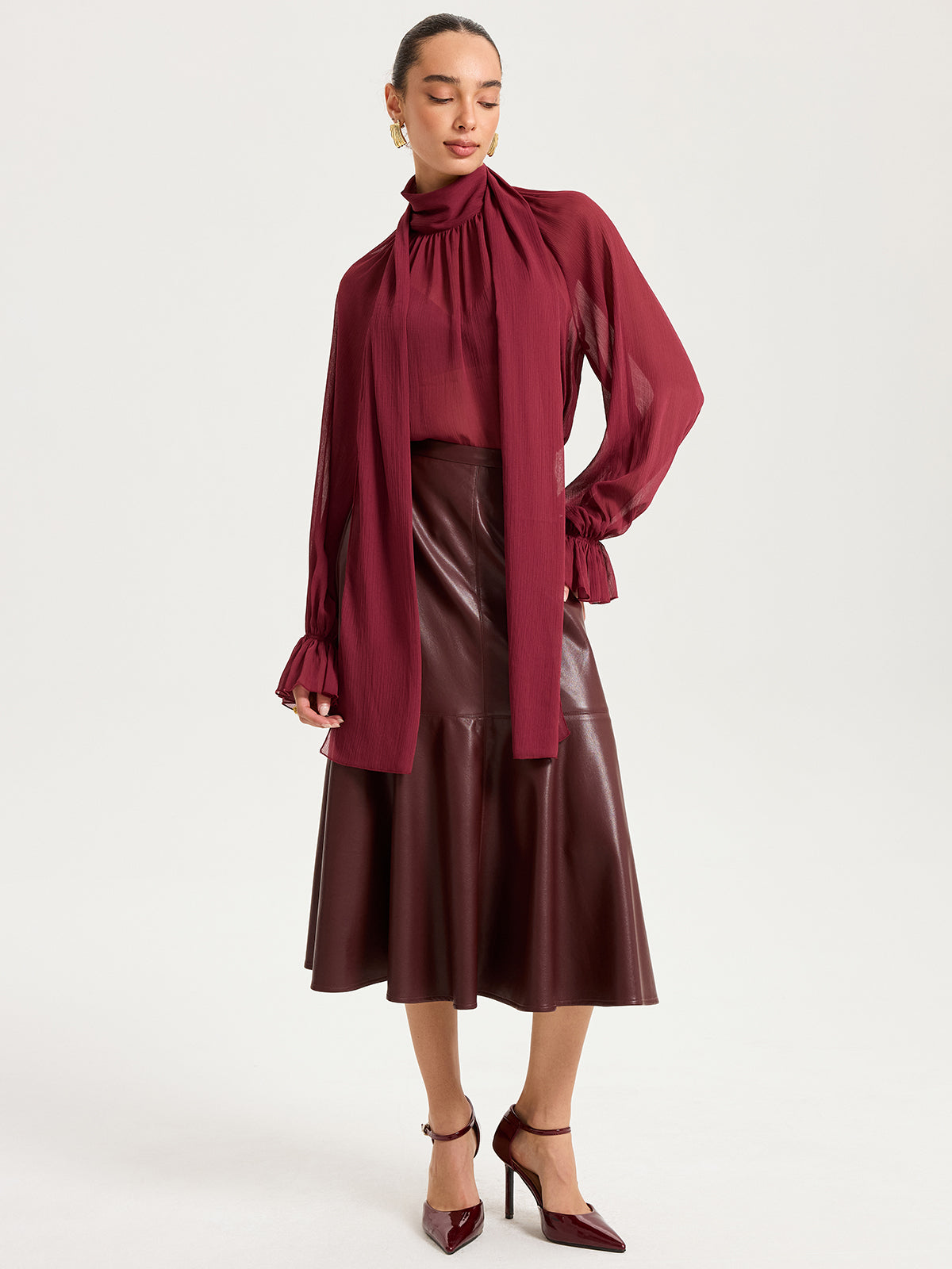 Faux Leather Effect Midi Skirt-Chicvia