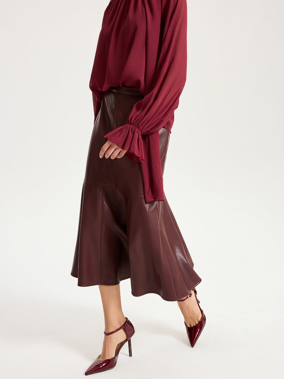 Faux Leather Effect Midi Skirt-Chicvia