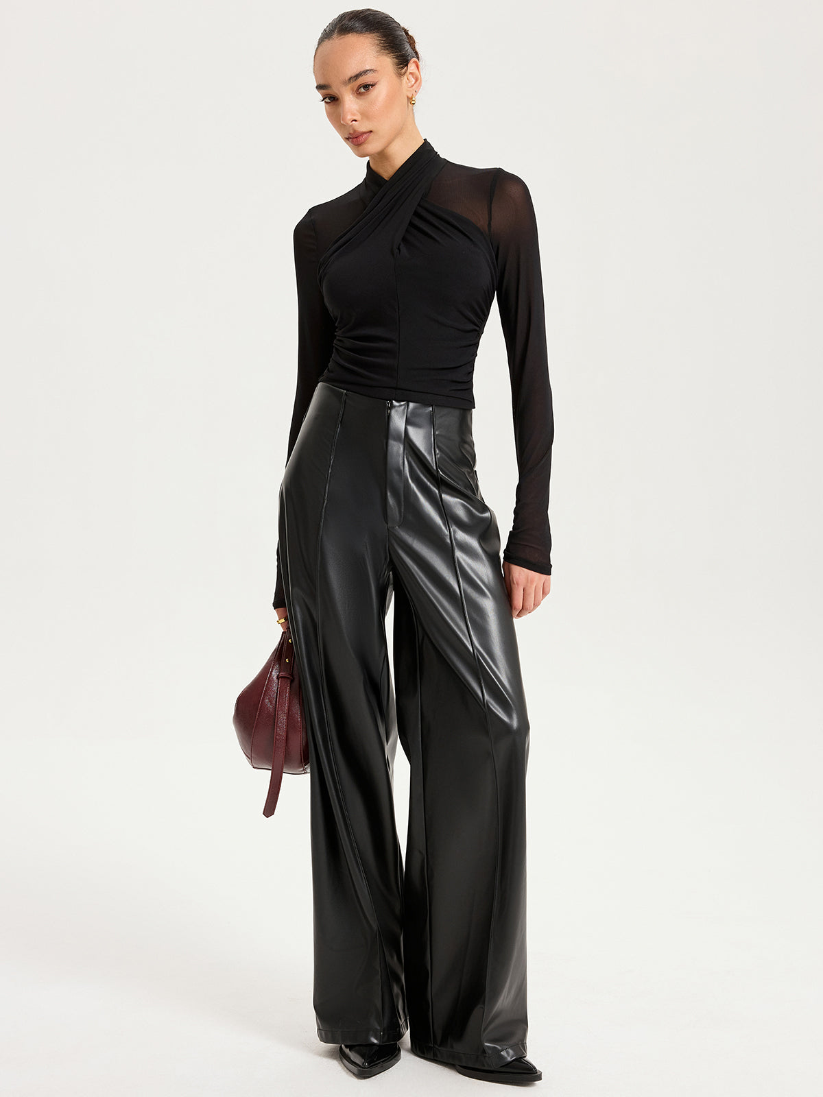 Cross-Front Sheer Mesh Long-Sleeve Top-Chicvia