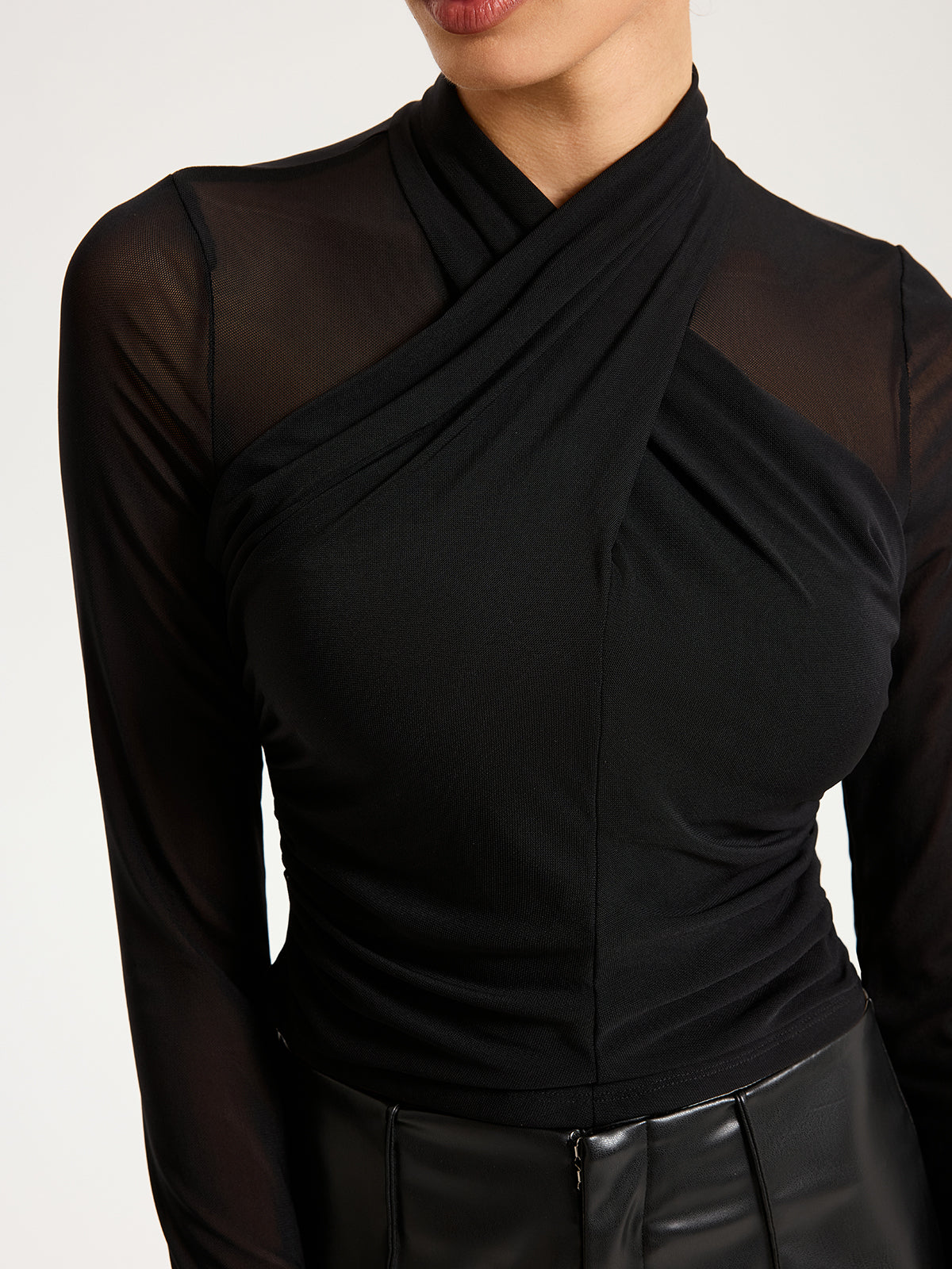 Cross-Front Sheer Mesh Long-Sleeve Top-Chicvia