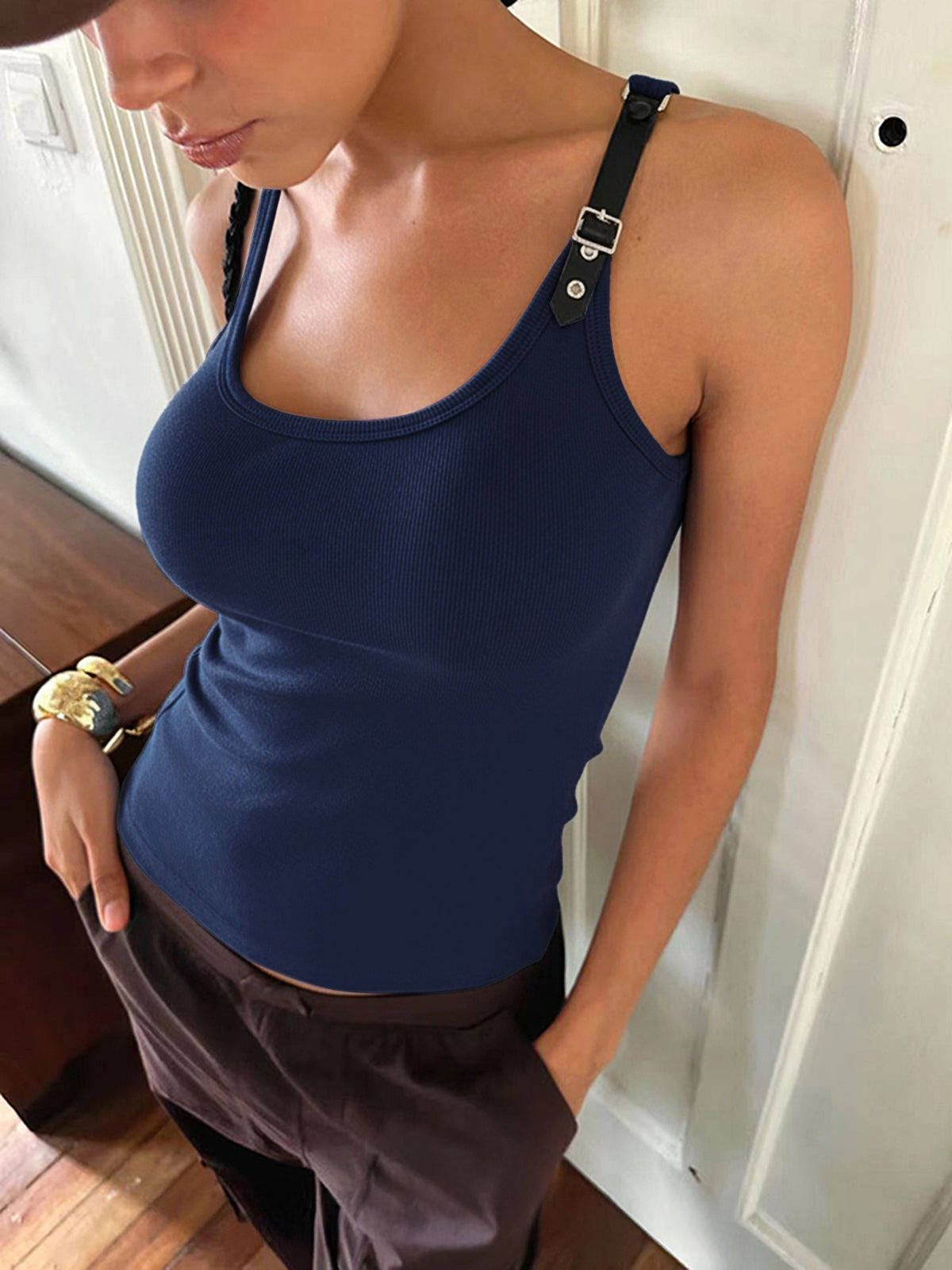 Ribbed Stretchy Faux Leather Buckle Vintage Tank Top-Chicvia