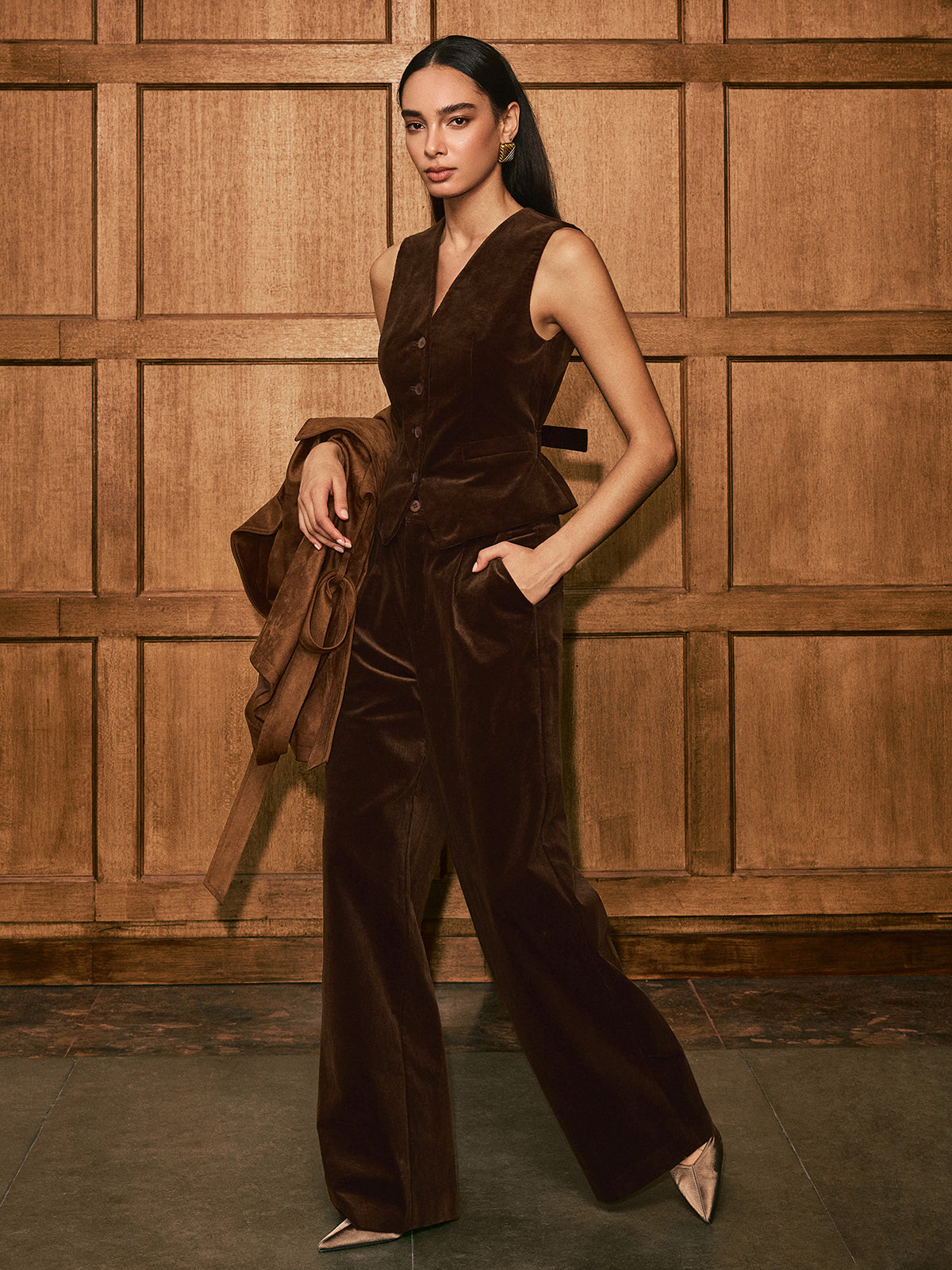 Button-Front Corduroy Vest-Chicvia