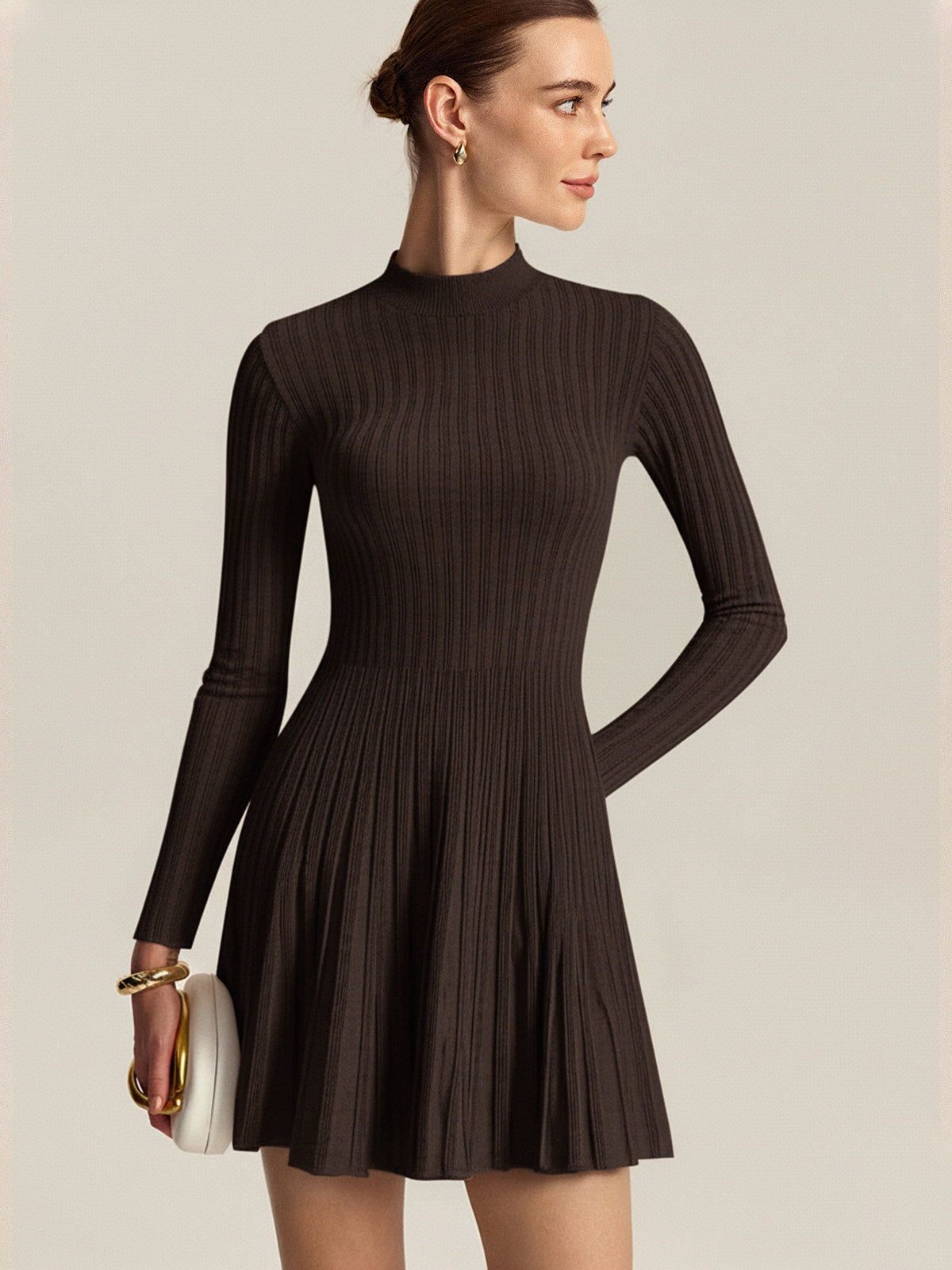 Mock Neck Flared Sweater Dress-Chicvia