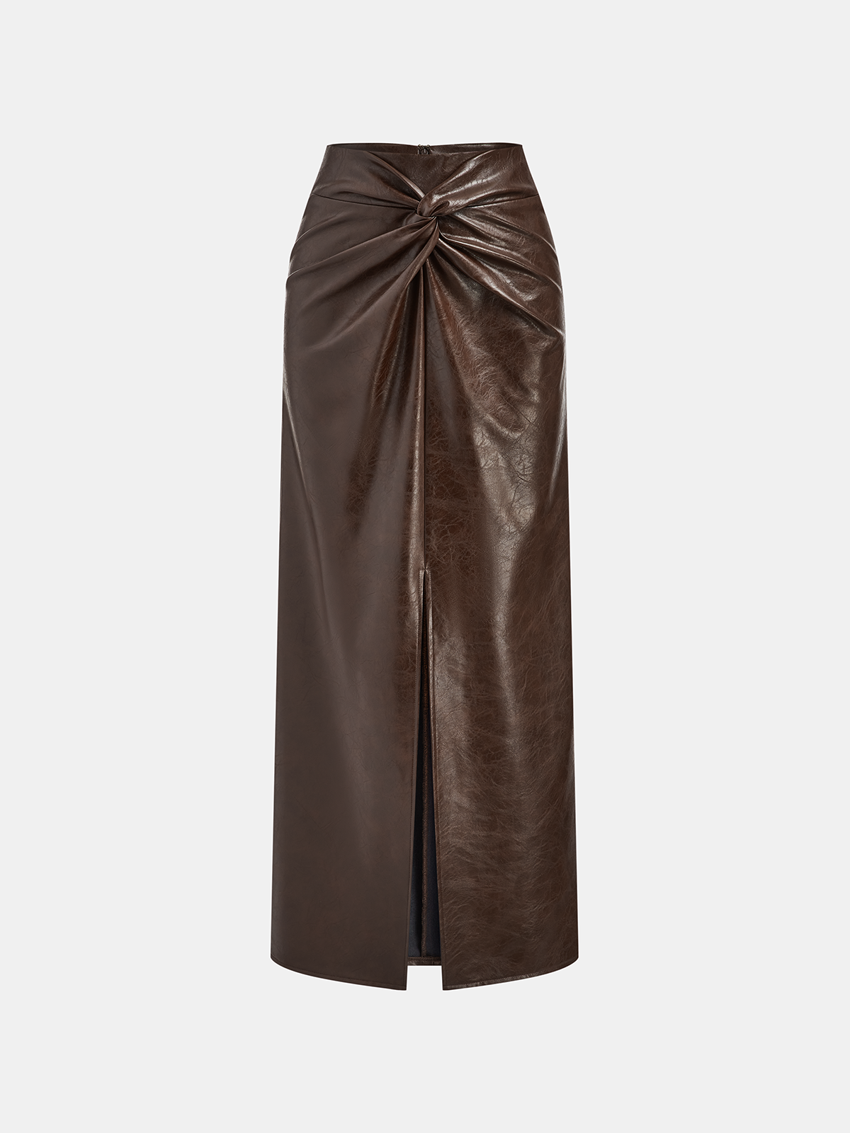 Knot Detail Slit Faux Leather Midi Skirt-Chicvia
