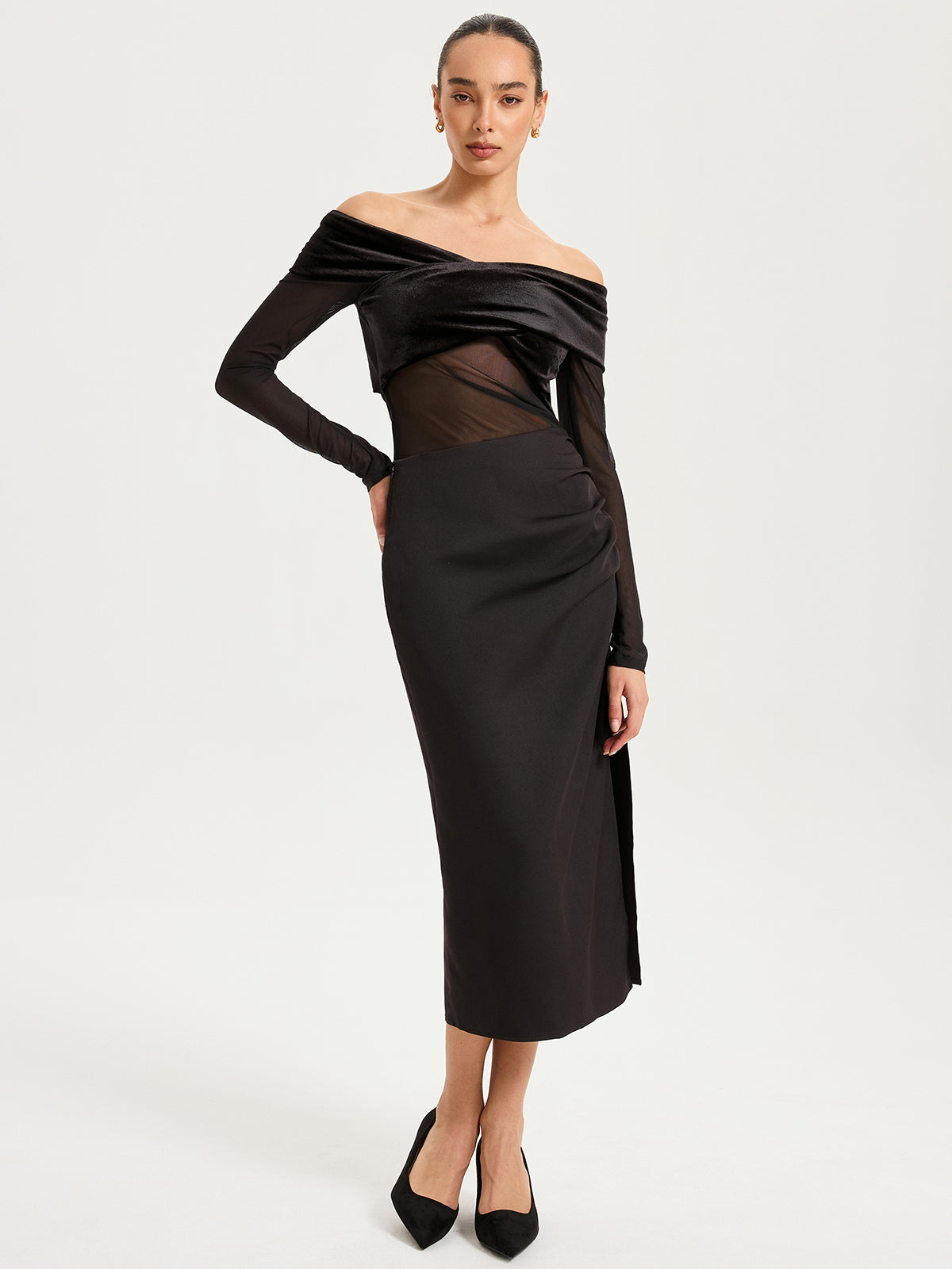 Mesh Paneled Velvet Off-Shoulder Long Sleeve Top-Chicvia