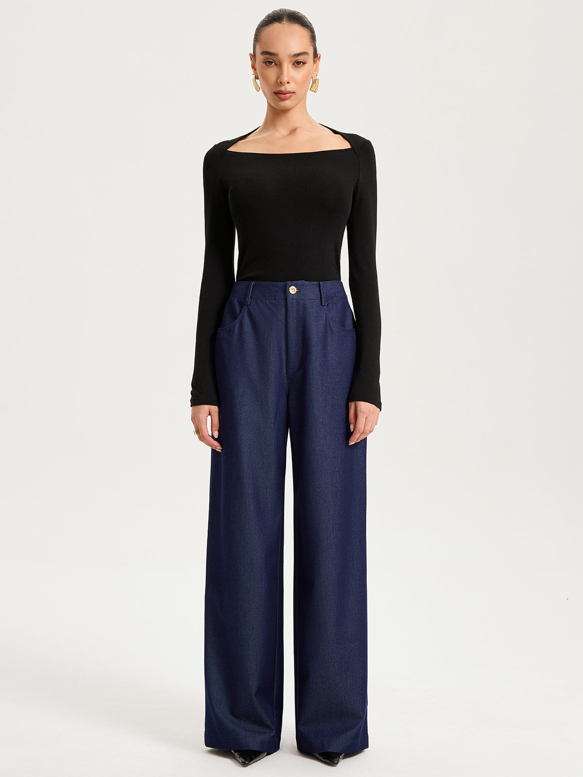 High-Waisted Wide-Leg Faux Denim Pants-Chicvia