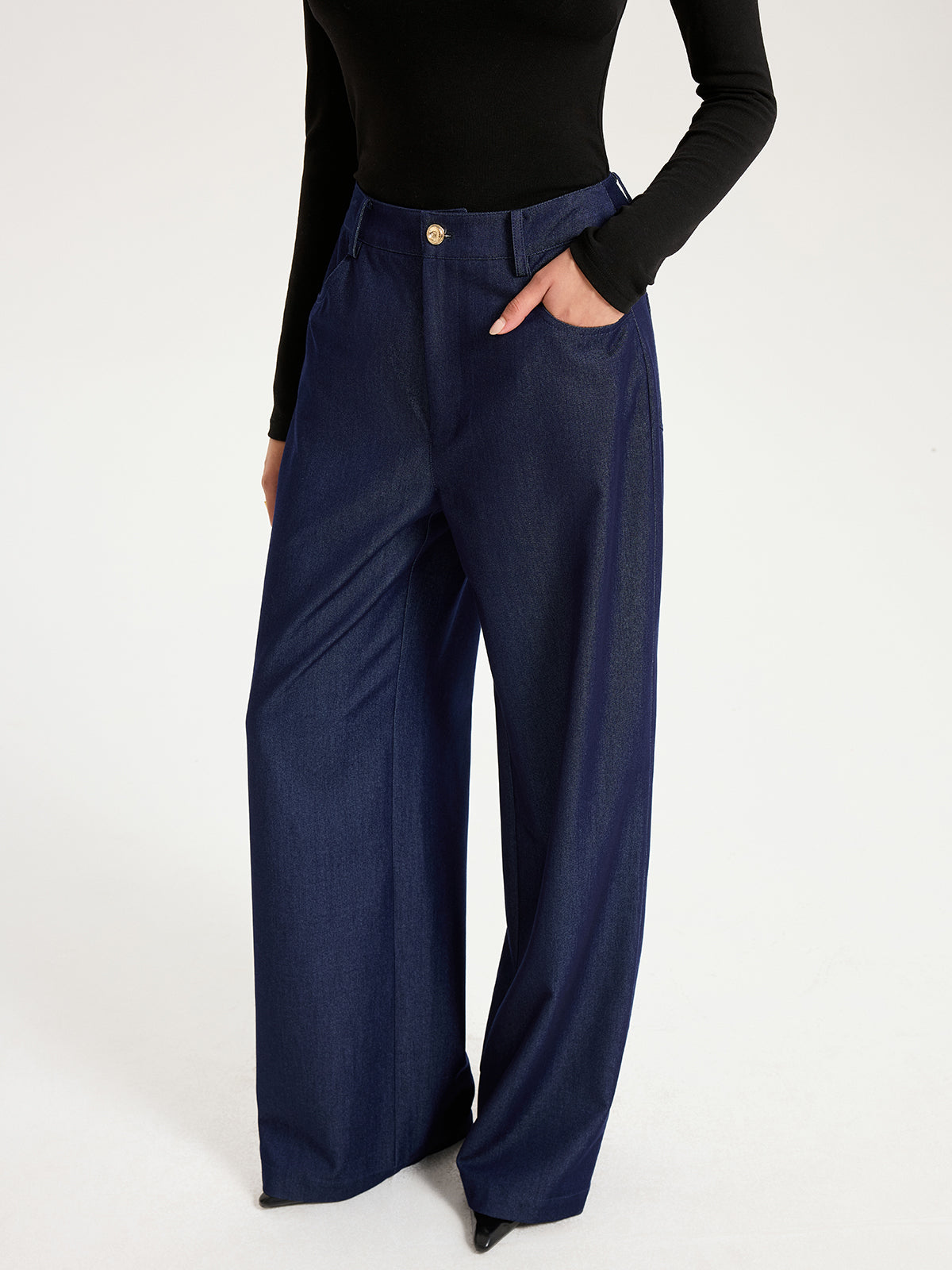 High-Waisted Wide-Leg Faux Denim Pants-Chicvia
