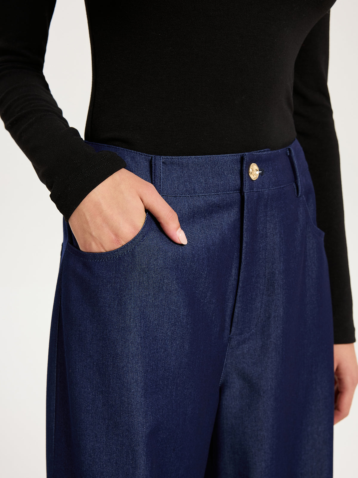 High-Waisted Wide-Leg Faux Denim Pants-Chicvia