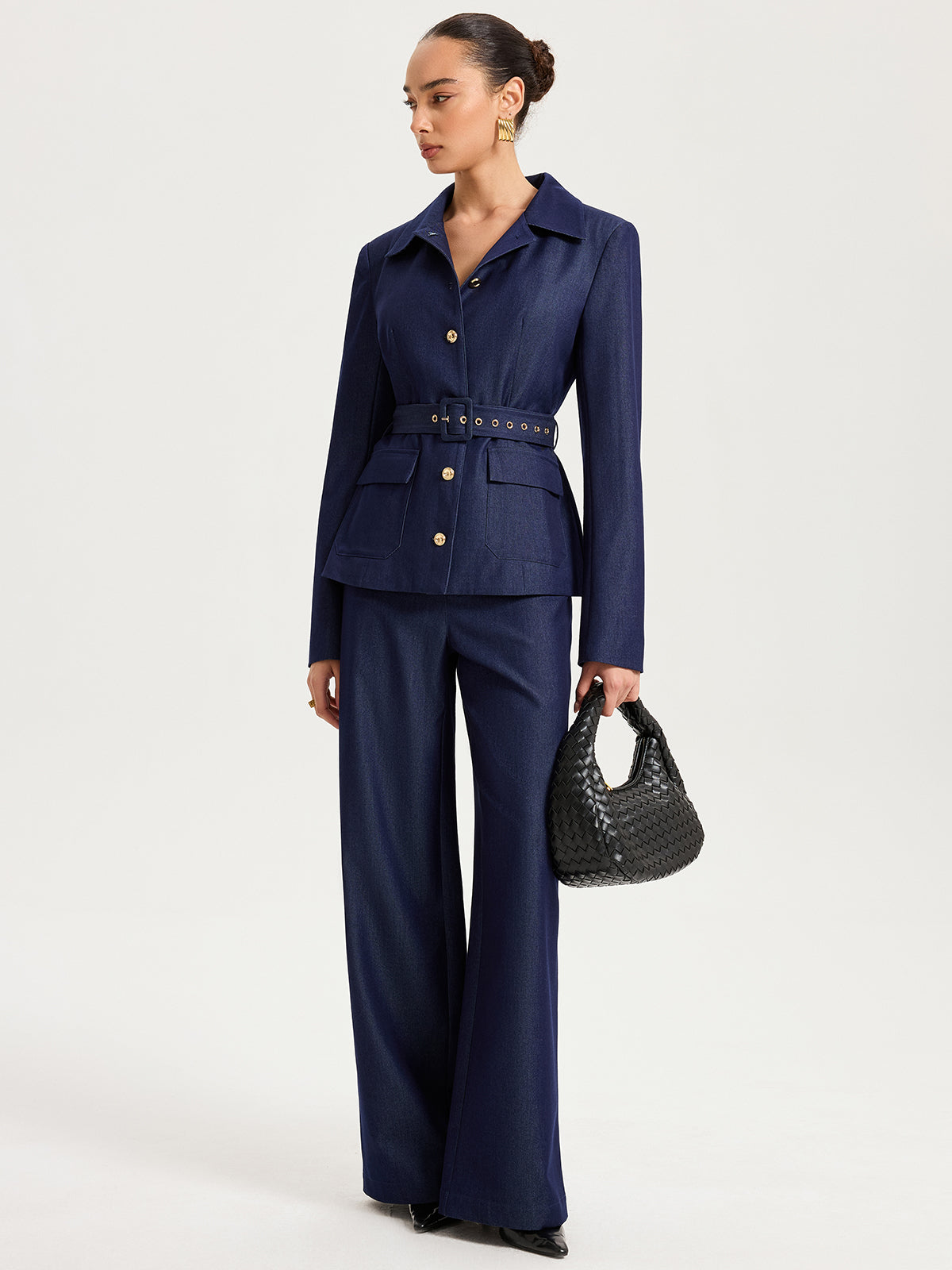 Belted Metal Button Faux Denim Blazer-Chicvia