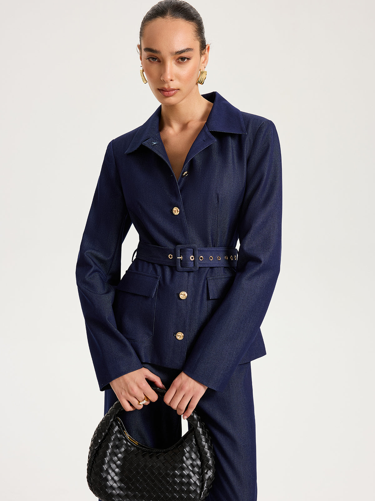 Belted Metal Button Faux Denim Blazer-Chicvia