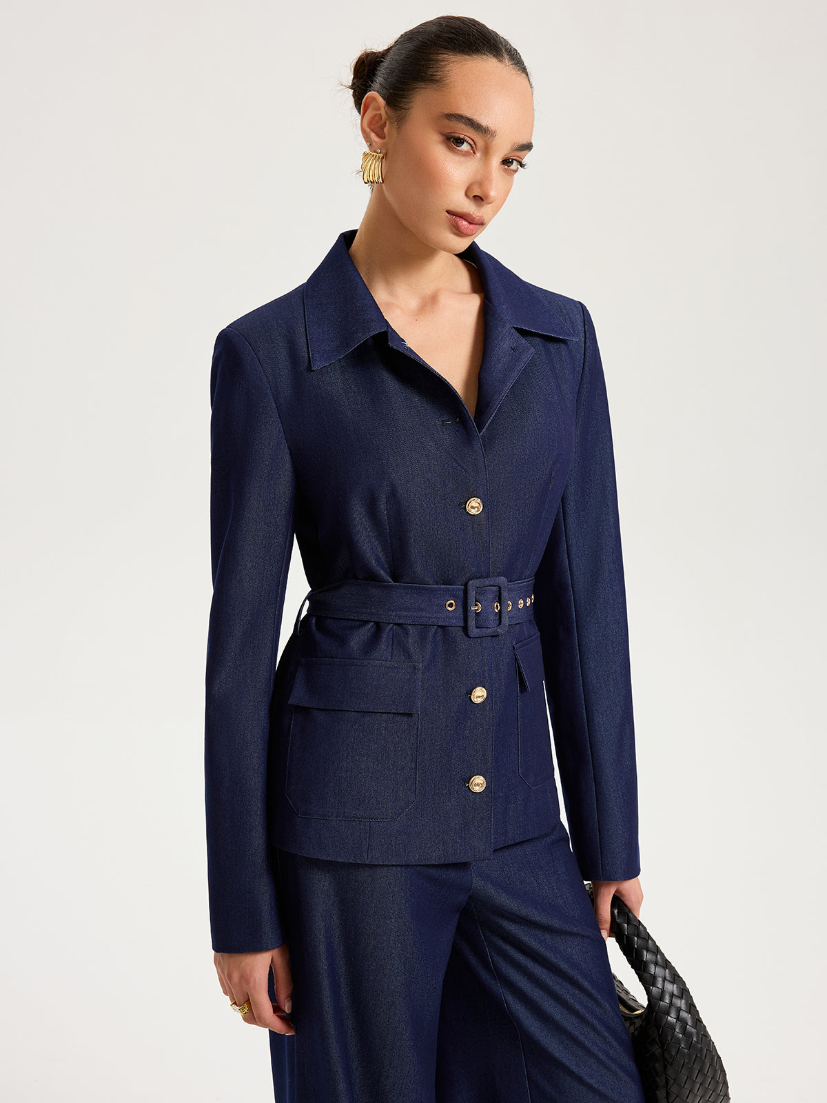 Belted Metal Button Faux Denim Blazer-Chicvia