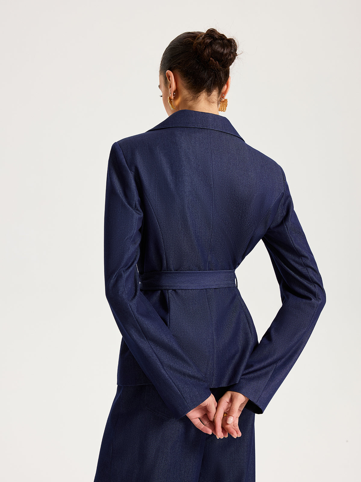 Belted Metal Button Faux Denim Blazer-Chicvia