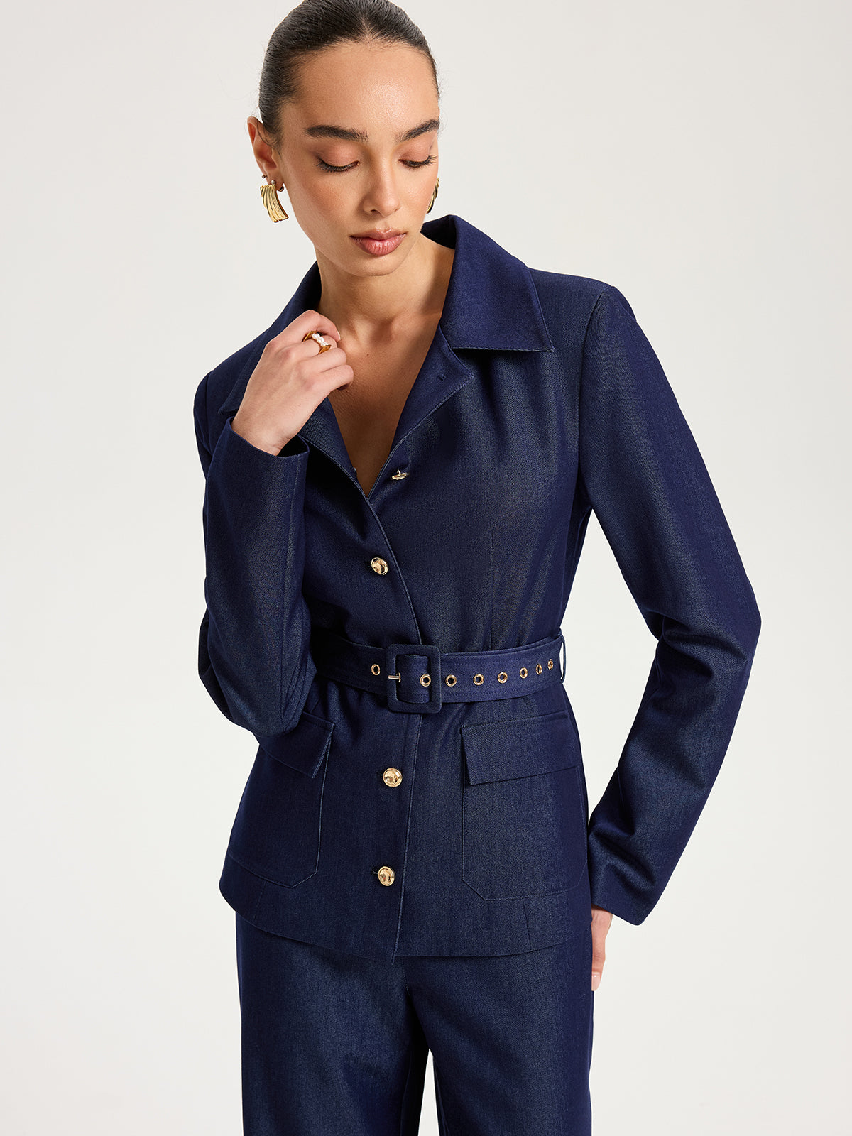 Belted Metal Button Faux Denim Blazer-Chicvia