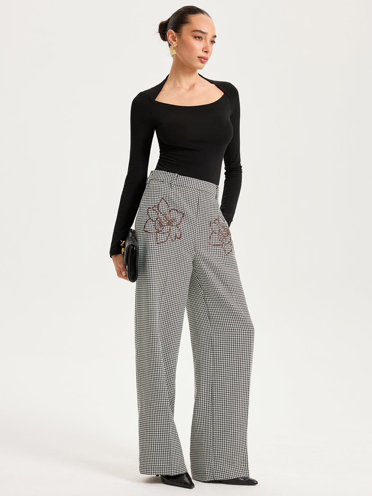 Houndstooth Embroidered Straight-Leg Pants-Chicvia