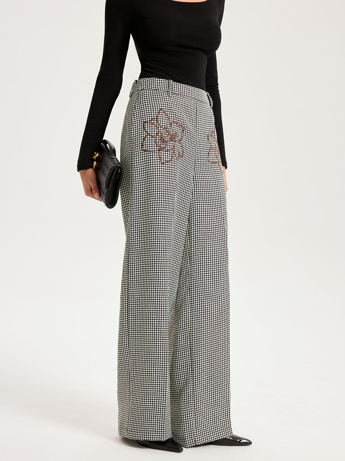 Houndstooth Embroidered Straight-Leg Pants-Chicvia