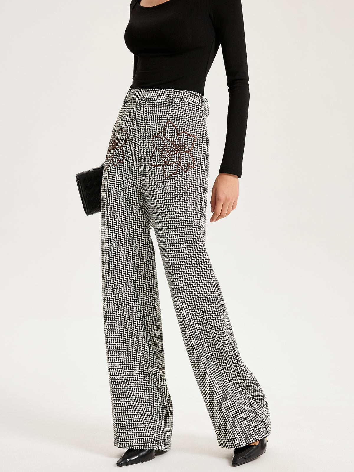 Houndstooth Embroidered Straight-Leg Pants-Chicvia