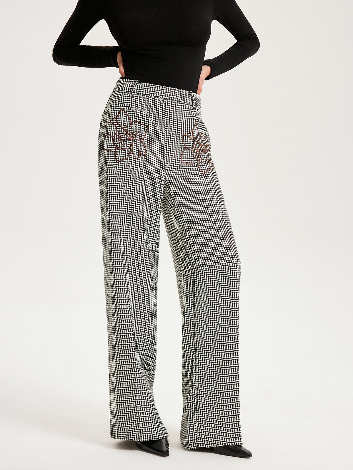 Houndstooth Embroidered Straight-Leg Pants-Chicvia