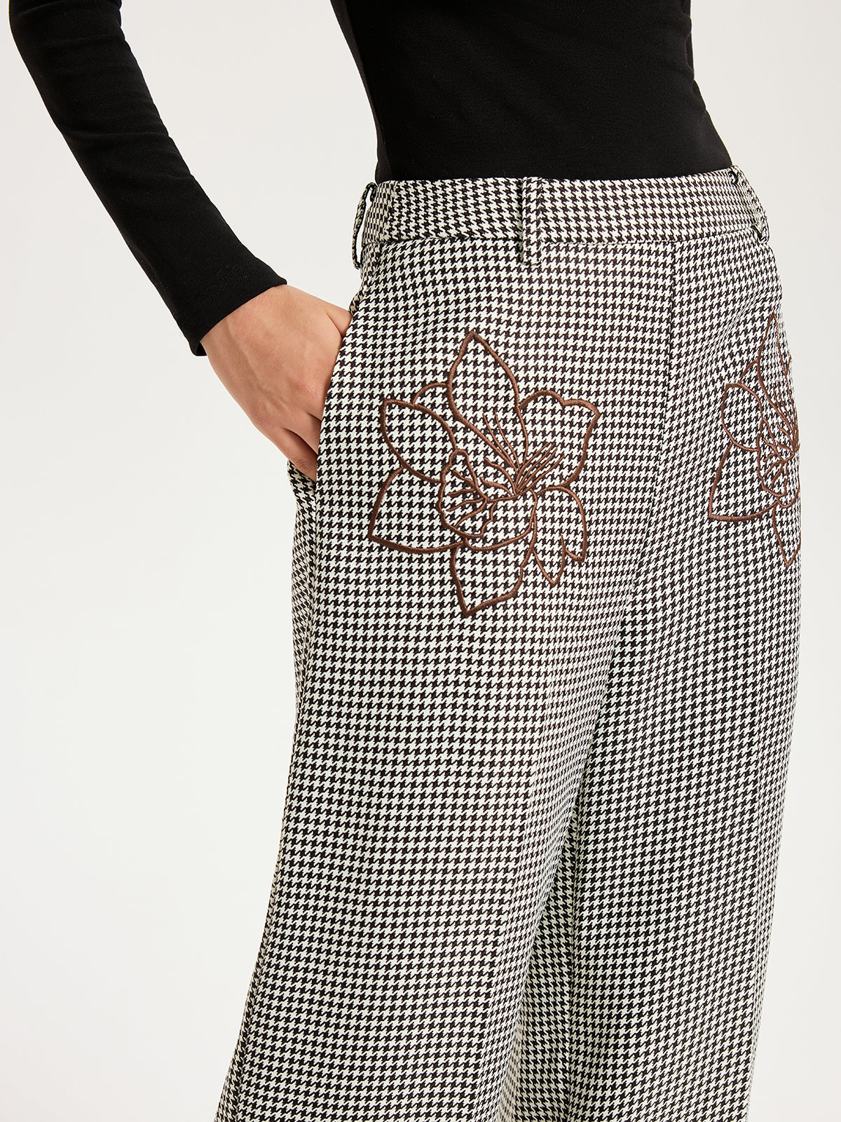 Houndstooth Embroidered Straight-Leg Pants-Chicvia