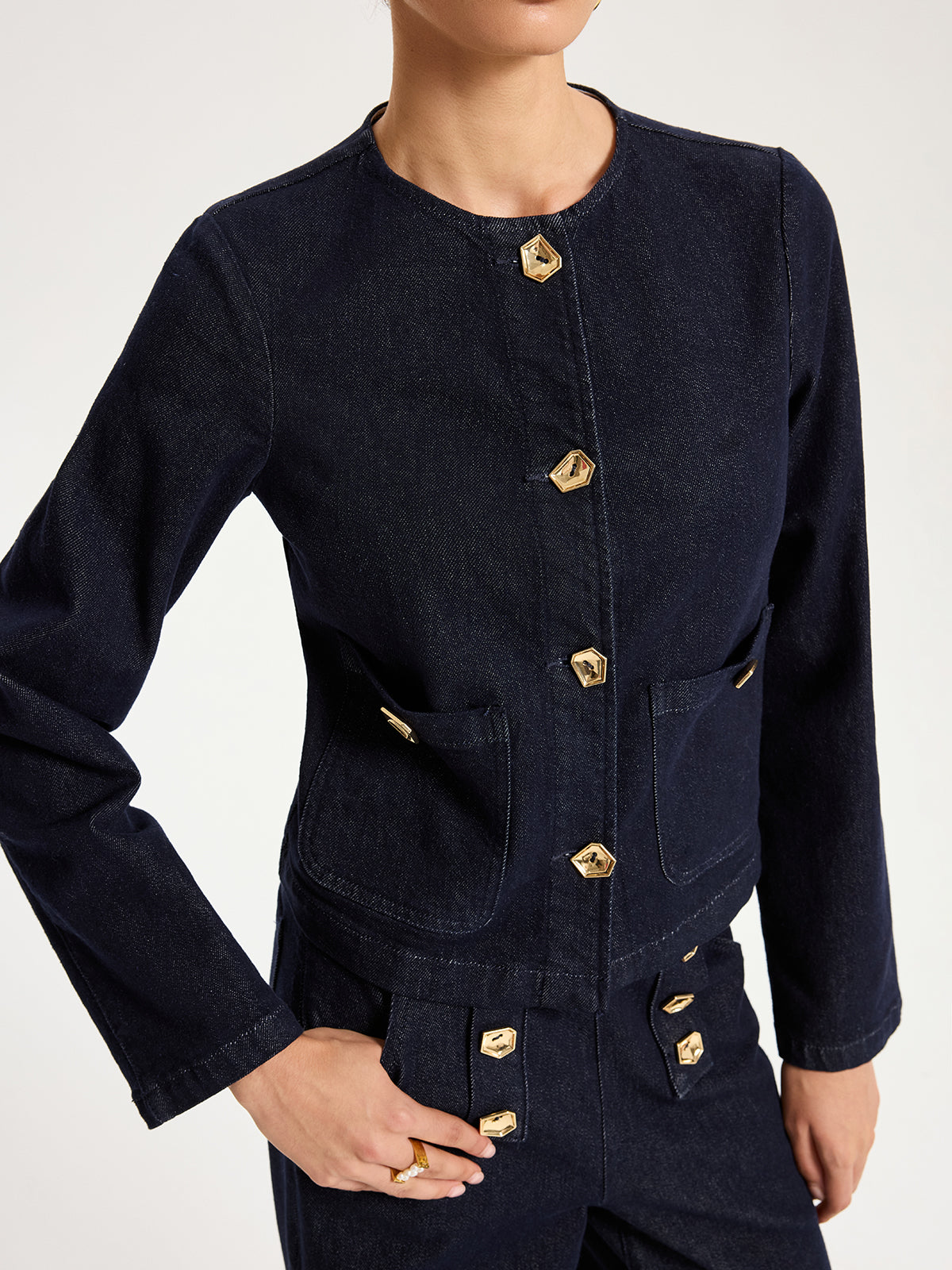 Metal Button Denim Jacket-Chicvia