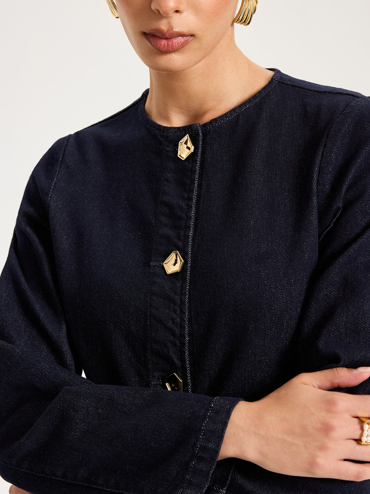 Metal Button Denim Jacket-Chicvia