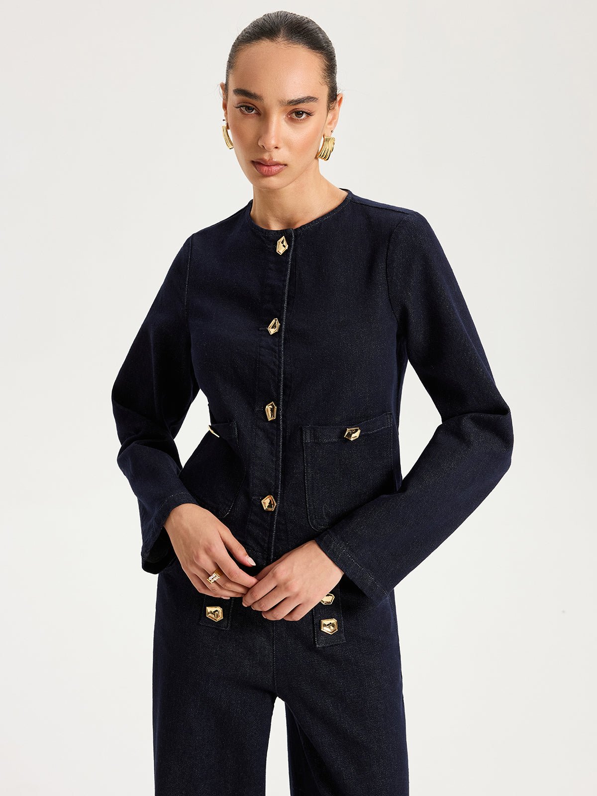 Metal Button Denim Jacket-Chicvia