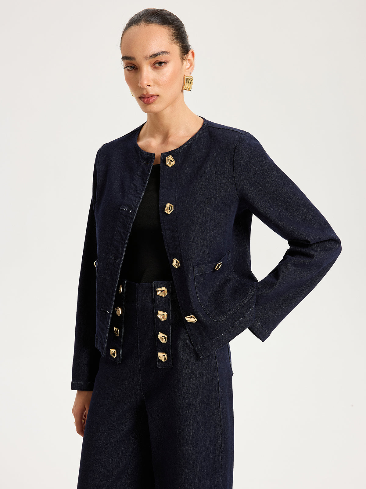 Metal Button Denim Jacket-Chicvia