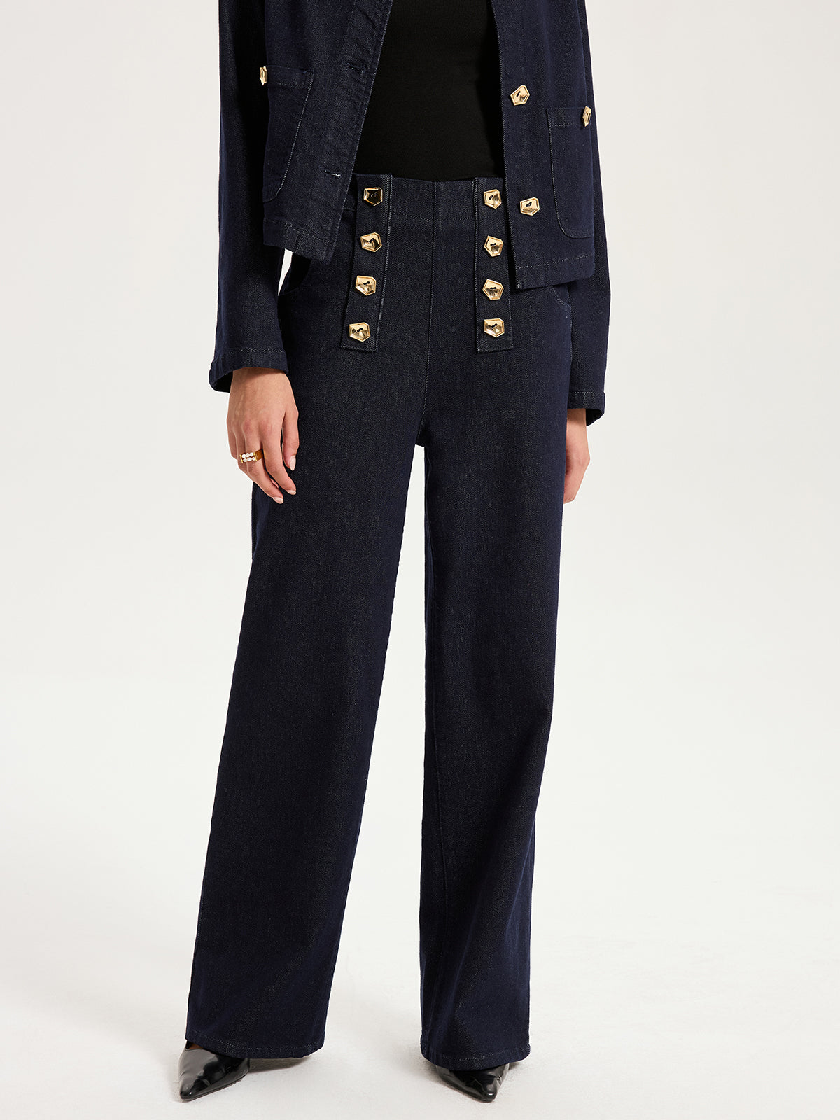 Metal Detail Denim Wide-Leg Jeans-Chicvia