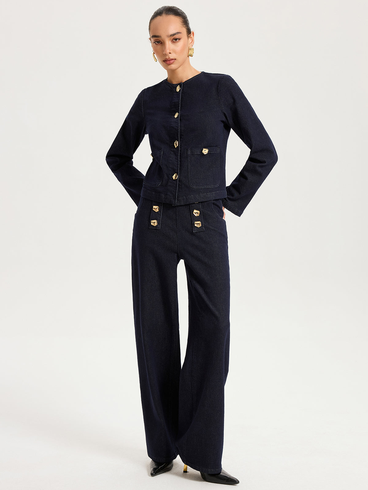 Metal Detail Denim Wide-Leg Jeans-Chicvia