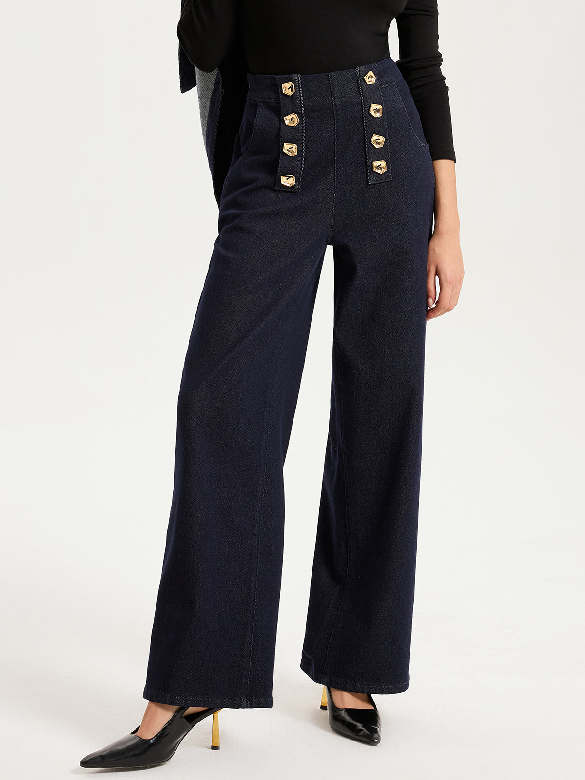 Metal Detail Denim Wide-Leg Jeans-Chicvia