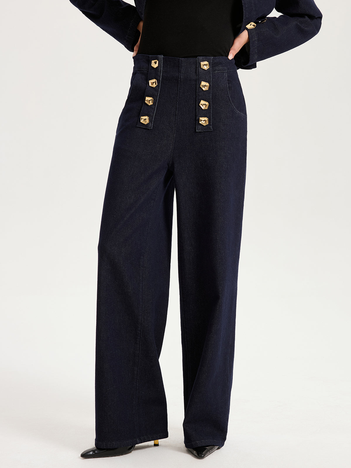 Metal Detail Denim Wide-Leg Jeans-Chicvia