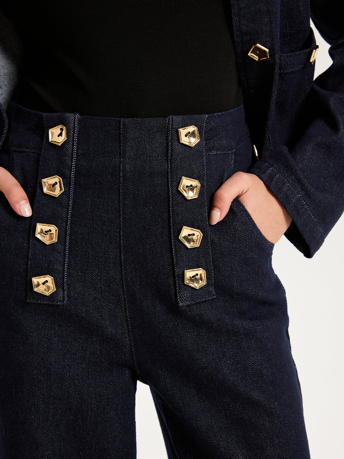 Metal Detail Denim Wide-Leg Jeans-Chicvia