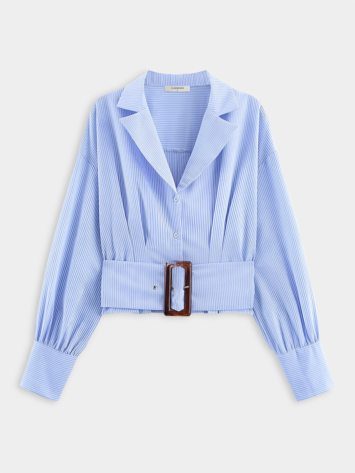 Lapel Collar Striped Belted Cropped Shirt-Chicvia