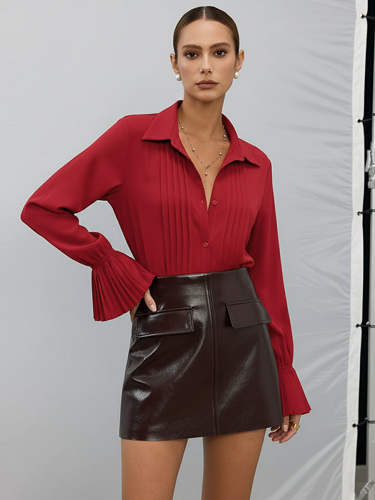 Pleated Bell Sleeve Shirt-Chicvia