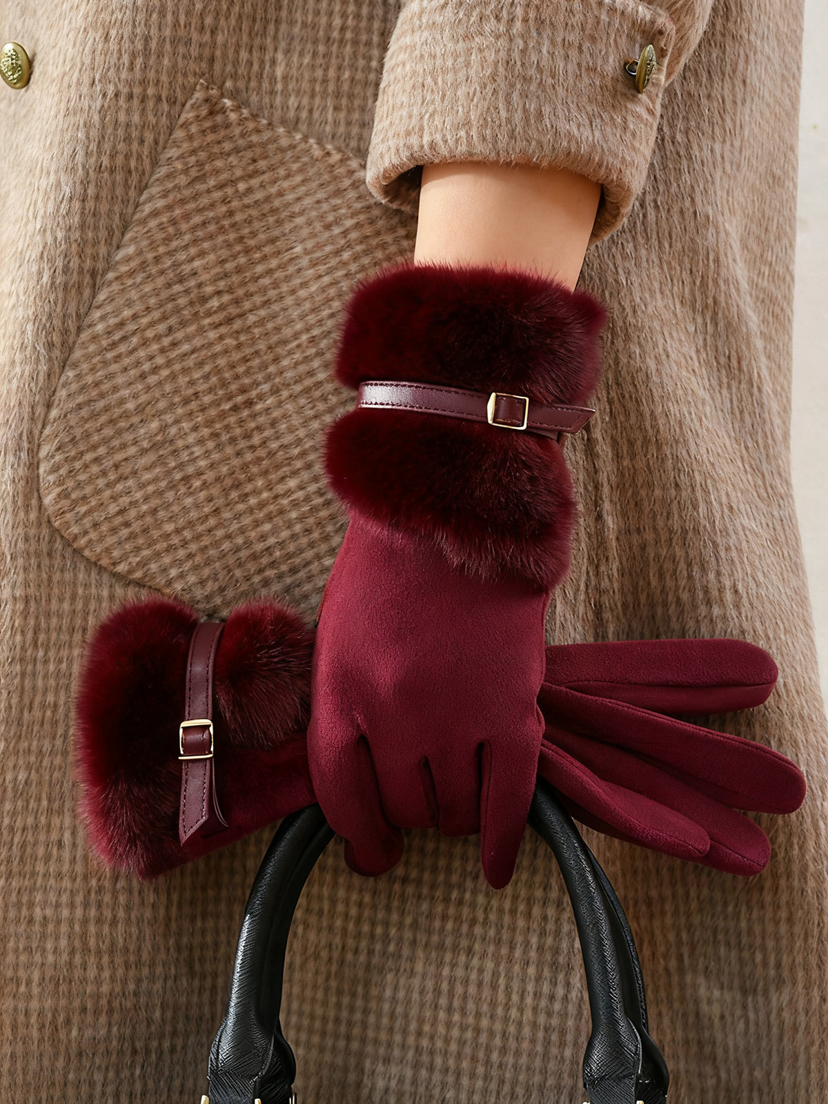 Faux Fur Cuff Cashmere Gloves-Chicvia