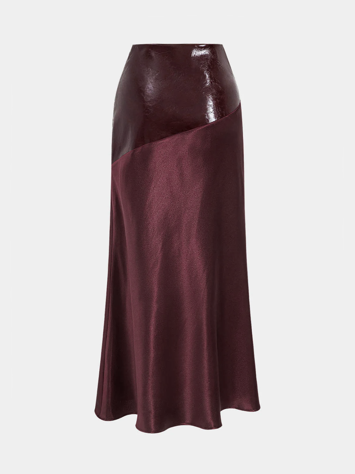 Faux Leather Panel Asymmetric Satin Maxi Skirt-Chicvia