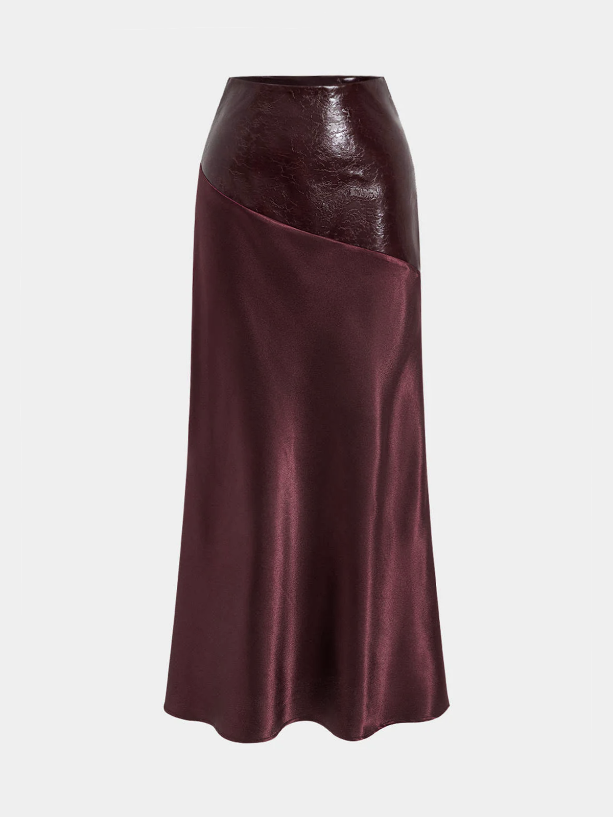 Faux Leather Panel Asymmetric Satin Maxi Skirt-Chicvia