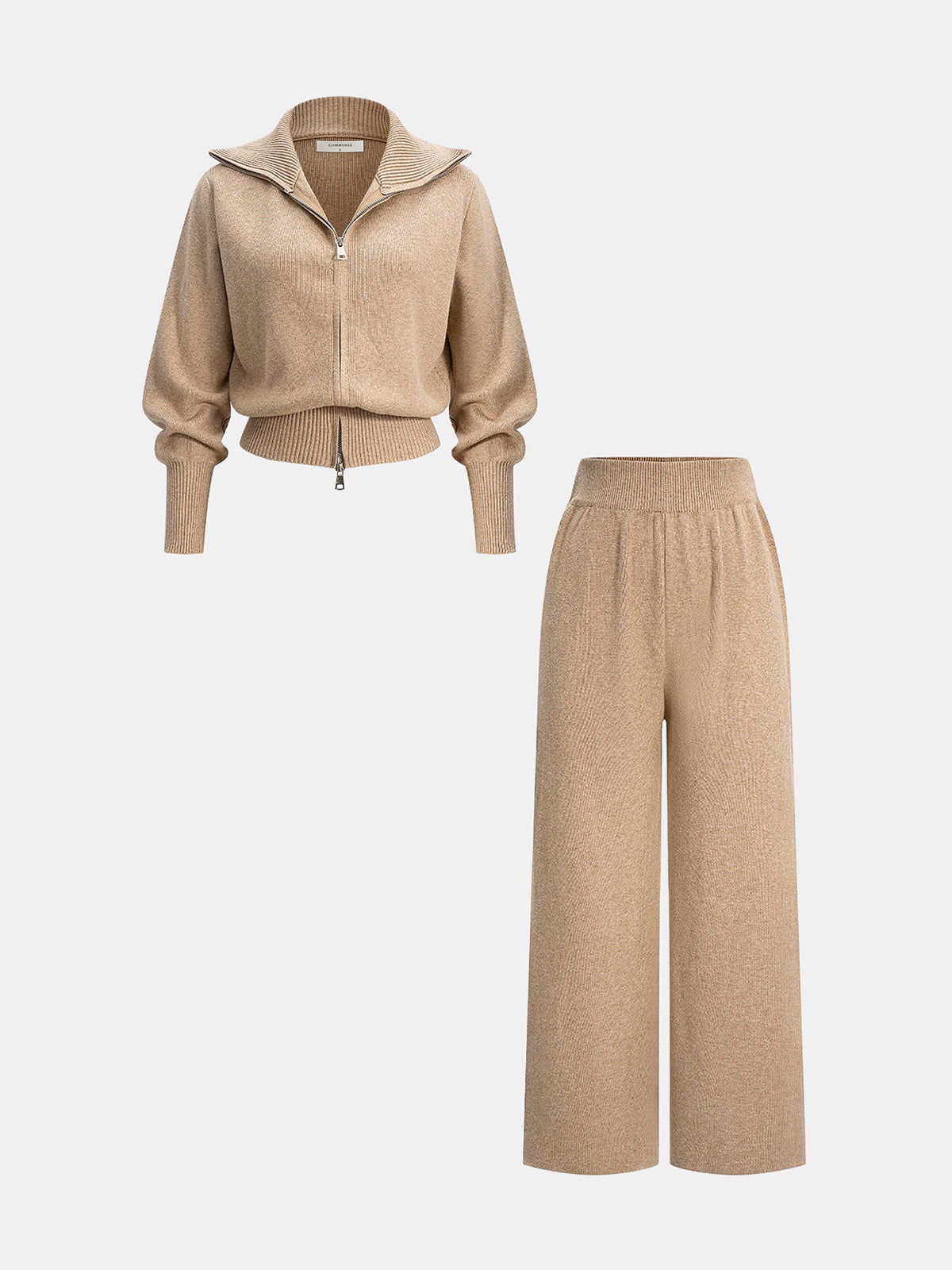 Knitted Zip-Up Jacket and Wide-Leg Pants Set-Chicvia