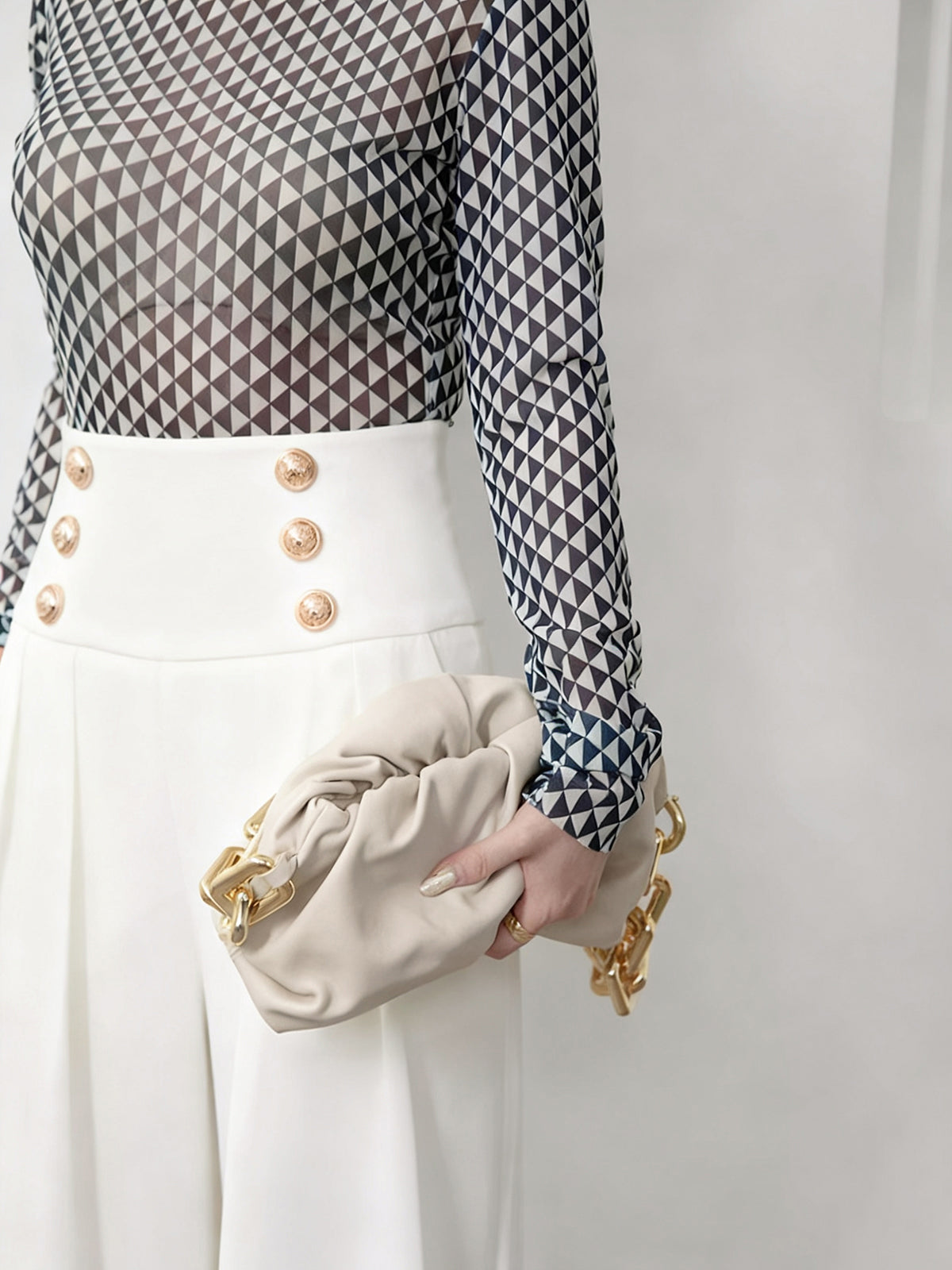 High-Waist Metal Detail Wide-Leg Pants-Chicvia