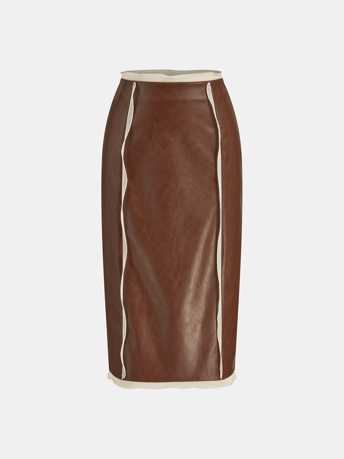 Contrast Piping Faux Leather Midi Skirt-Chicvia